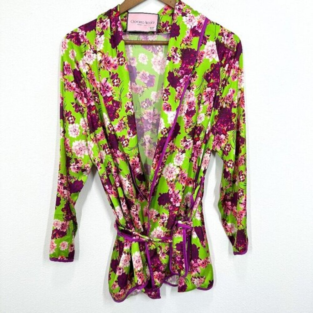 Giovanna Nicolai Wrap‎ Top Floral Silky Statement Tie Blouse Neon Green Purple